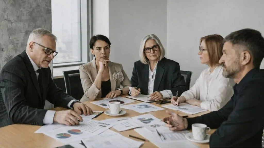 Gestores analisam dados e documentos em reunião corporativa, refletindo decisões estratégicas sobre organização do trabalho, riscos psicossociais e responsabilidade empresarial segundo a NR-01